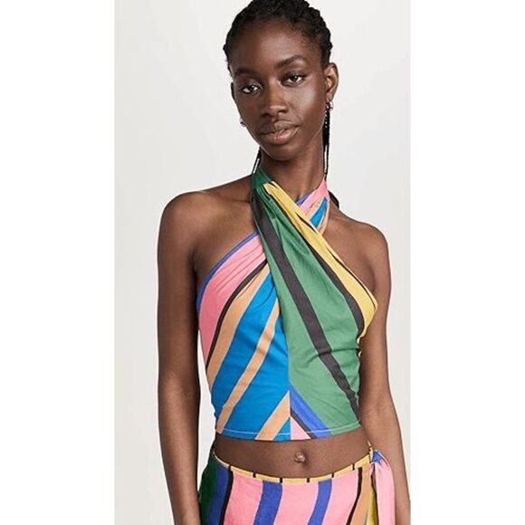 Staud Formentera Striped Kai Criss-Cross Smocked Halter Top Women's Size Small